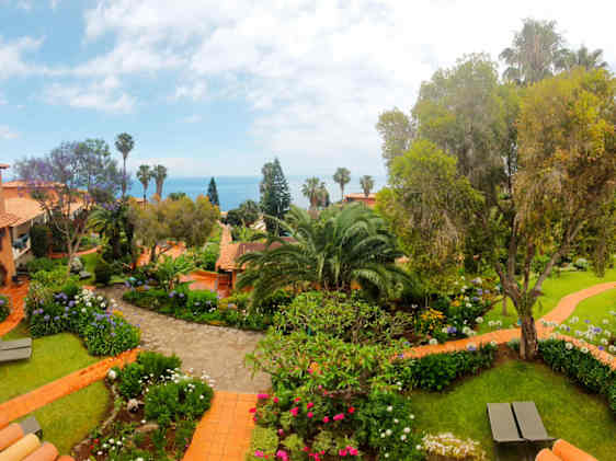 Vehreä, kukkiva puutarha palmupuineen ja polkuineen, joiden keskeltä avautuu kaunis merinäkymä.