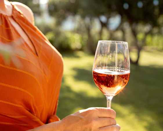 Rosé-viinilasillinen punamekkoisen naisen kädessä