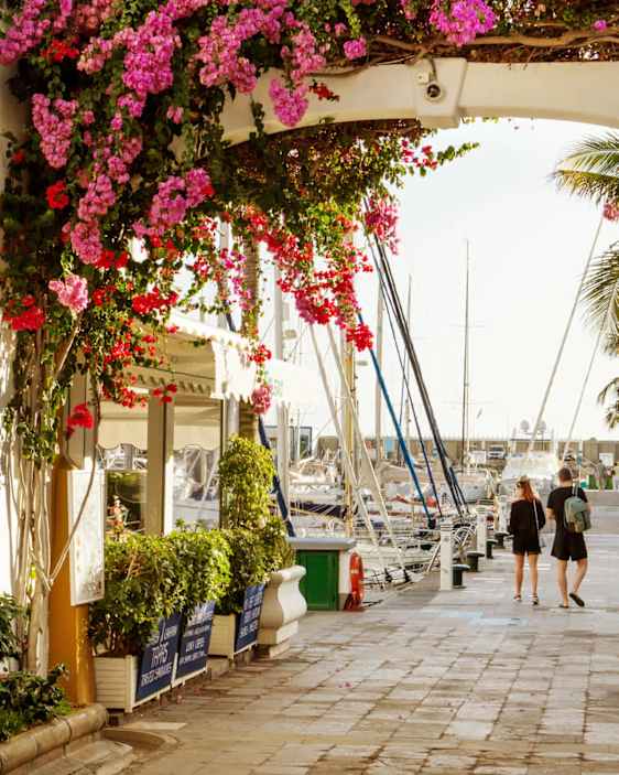 Bougainvillejen reunustama satamakatu Puerto de Mogánissa.