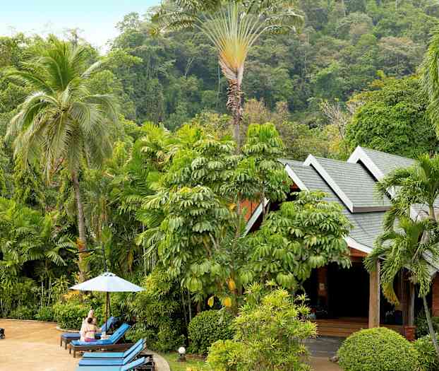 Tropiikkipuutarha, jossa vihreitä palmuja ja pensaita sekä rakennus, jossa on terävät katot. Etualalla näkyy aurinkotuoleja ja varjo. (Tekoälyn luoma teksti)