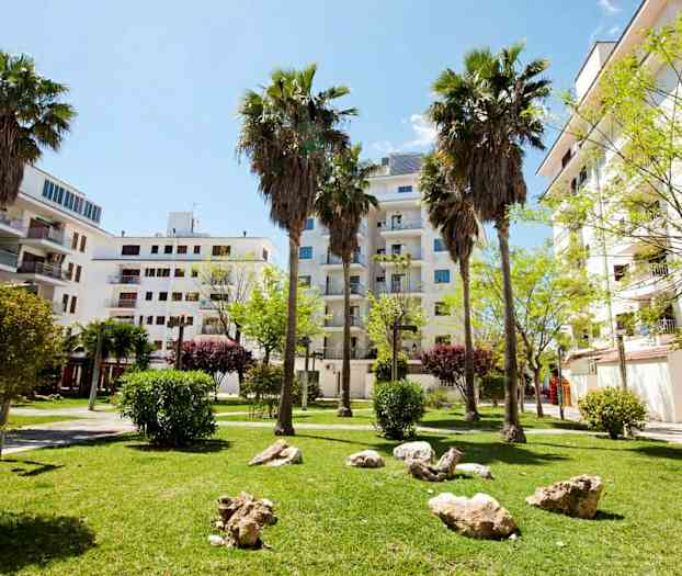 Vihreä puisto, jossa palmuja, nurmikkoa ja kiviä, ympäröitynä valkoisilla rakennuksilla. (Tekoälyn luoma teksti)