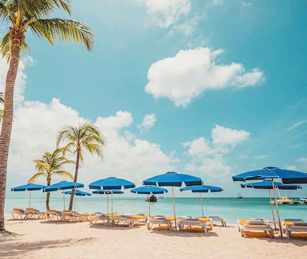 Ranta palmuilla ja sinisillä aurinkovarjoilla veden äärellä. (Tekoälyn luoma teksti)