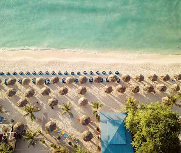 Hiekkaranta, jossa varjoja, aurinkotuoleja ja palmuja, sekä meri taustalla. (Tekoälyn luoma teksti)