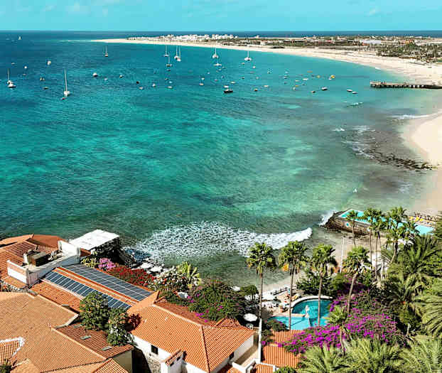 Näkymä rannikolle, jossa palmuja, turkoosia vettä ja purjeveneitä. (Tekoälyn luoma teksti)