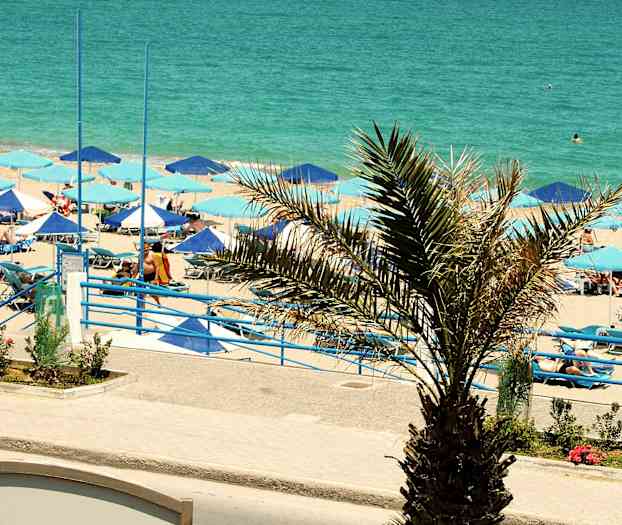 Ranta aurinkotuoleilla ja varjoilla lähellä merta, etualalla palmu. (Tekoälyn luoma teksti)