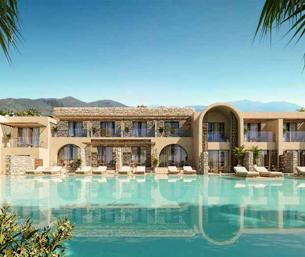 Nykyaikainen rakennus ulkouima-altaineen, jota ympäröivät palmut ja vehreys. (Tekoälyn luoma teksti)