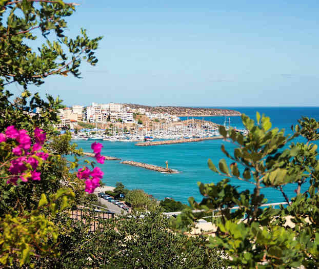 Kuva satamasta purjeveneineen, jota ympäröivät rakennukset, nähtynä kasvillisuuden ja vaaleanpunaisten kukkien kautta. (Tekoälyn luoma teksti)