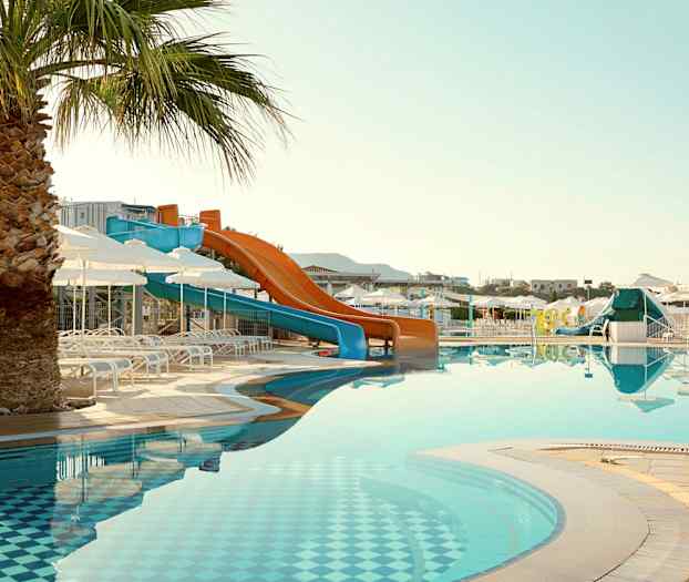 Kuva altaasta, jossa on vesiliukumäkiä ja aurinkotuoleja, sekä palmupuu etualalla. (Tekoälyn luoma teksti)