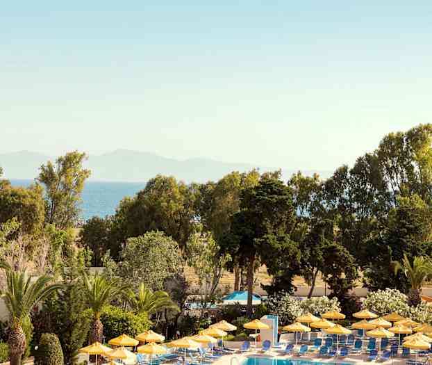 Uima-allasalue keltaisilla päivänvarjoilla, vehreyden ympäröimänä ja näkyvyys merelle. (Tekoälyn luoma teksti)