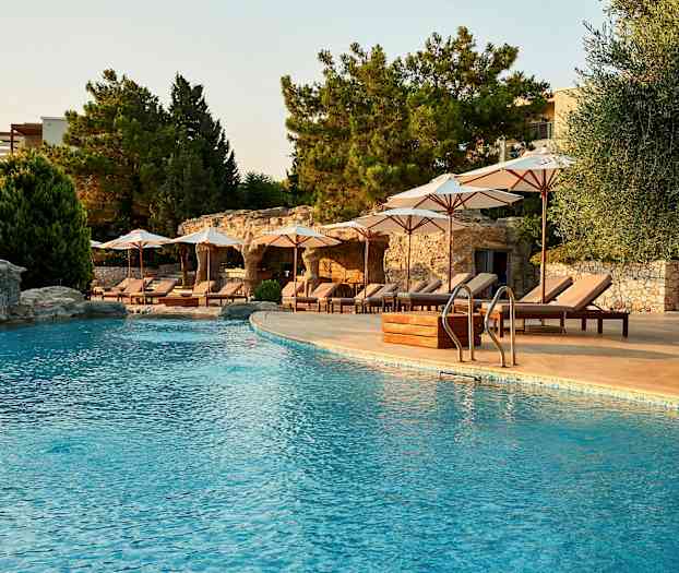 Ulkouima-allas, jonka vieressä aurinkotuoleja ja varjoja varjoisten puiden alla. (Tekoälyn luoma teksti)