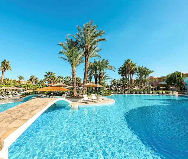 Suuri ulkona oleva uima-allas, jonka yli kulkee pieni silta, ympärillä aurinkotuoleja ja palmuja. (Tekoälyn luoma teksti)