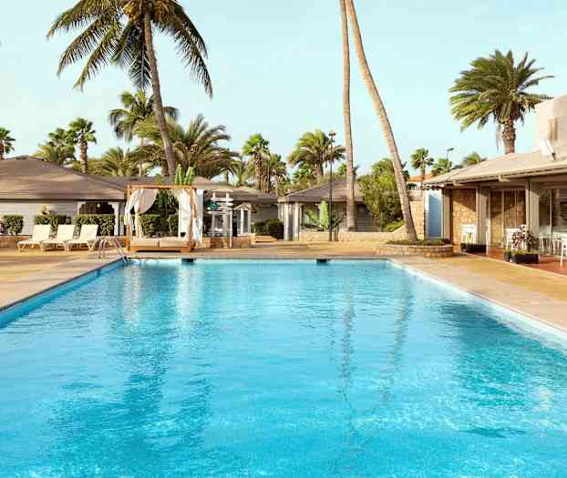 Uima-allas, jonka ympärillä on aurinkotuoleja, sänky verhoilla ja palmuja taustalla. (Tekoälyn luoma teksti)