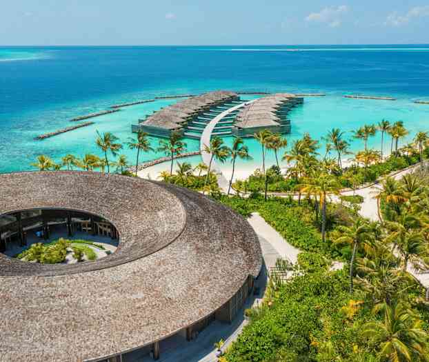 Näkymä pyöreästä puukatosta ja vesivilloista, joita ympäröi turkoosi meri. (Tekoälyn luoma teksti)