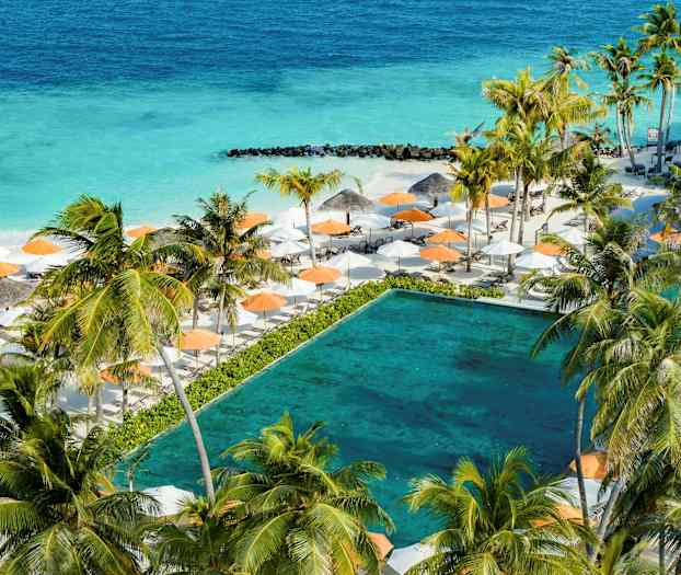 Kuva trooppisesta lomakohteesta palmujen, uima-altaan, oranssien aurinkovarjojen ja turkoosin meren äärellä. (Tekoälyn luoma teksti)