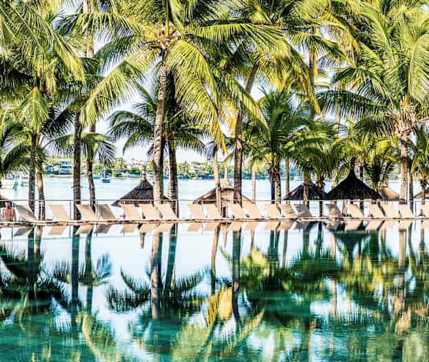 Aurinkotuoleja ja palmuja uima-altaan ääressä trooppisessa ympäristössä. (Tekoälyn luoma teksti)