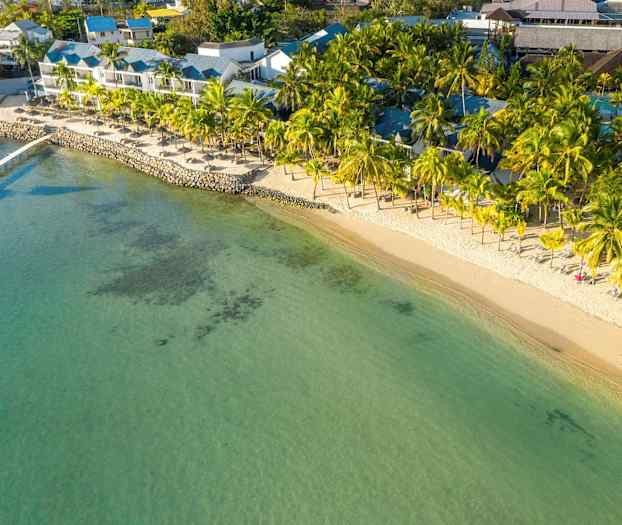 Ilmakuva rannasta, jolla on palmuja ja rantatuoleja meren äärellä. (Tekoälyn luoma teksti)