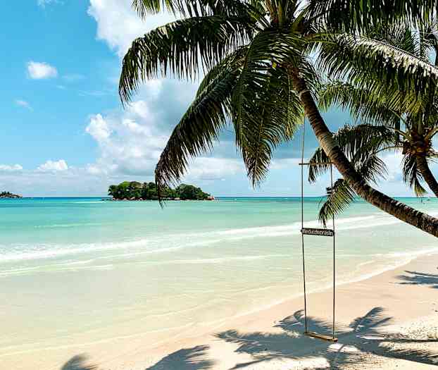 Trooppinen ranta, jossa on palmu, keinu ja kirkkaan sininen taivas. (Tekoälyn luoma teksti)