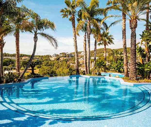 Kirkas sininen uima-allas, jota ympäröivät palmut, näkymä vehreään maisemaan ja taloja taustalla. (Tekoälyn luoma teksti)