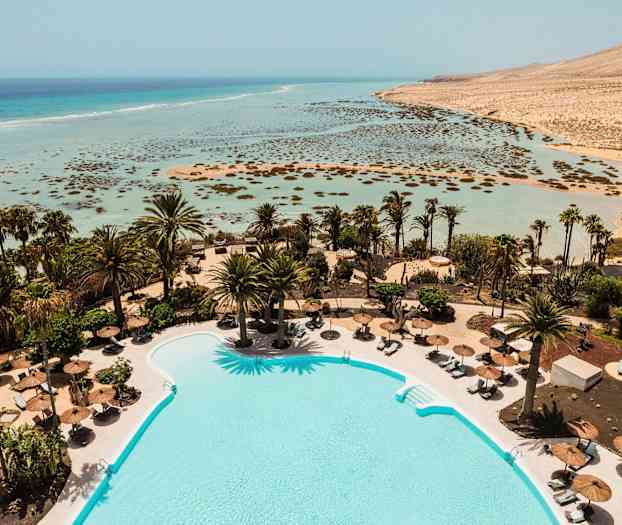 Uima-allas, jota ympäröivät aurinkotuolit ja aurinkovarjot, taustalla palmuja sekä näkymä matalaan turkoosiin rantaan ja mereen. (Tekoälyn luoma teksti)