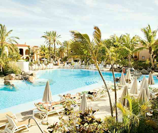 Aurinkoinen uima-allas, jonka ympärillä on aurinkotuoleja ja varjostimia sekä palmuja. (Tekoälyn luoma teksti)