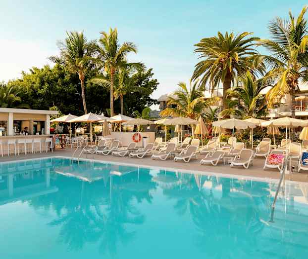 Ulkouima-allas aurinkotuolien ja varjojen ympäröimänä, taustalla palmuja. (Tekoälyn luoma teksti)