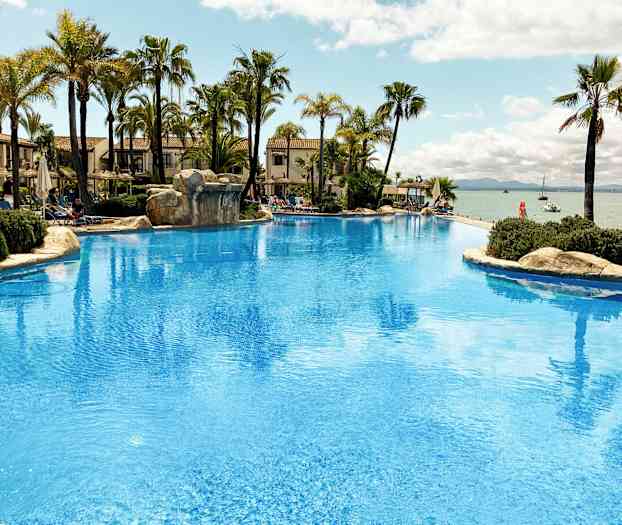 Suuri uima-allas, palmuja ja näkymä merelle. (Tekoälyn luoma teksti)