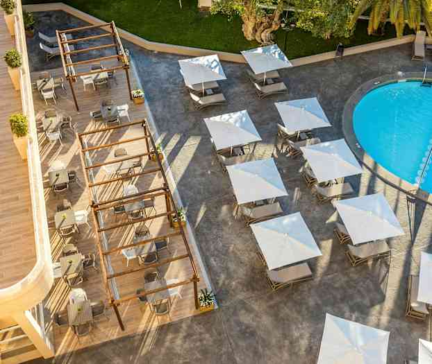 Ilmakuva ulkouima-altaasta, pöydistä aurinkovarjoineen ja istuimista. (Tekoälyn luoma teksti)