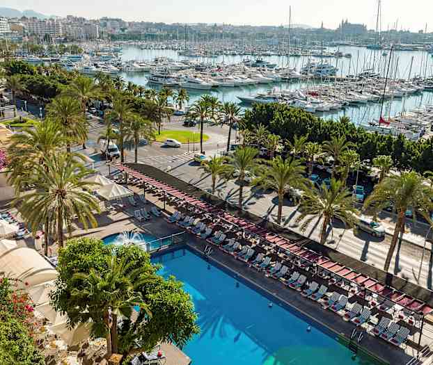 Näkymä ulkouima-altaalta, jota ympäröivät aurinkotuolit ja aurinkovarjot, taustalla katu palmupuineen ja venesatama täynnä veneitä. (Tekoälyn luoma teksti)