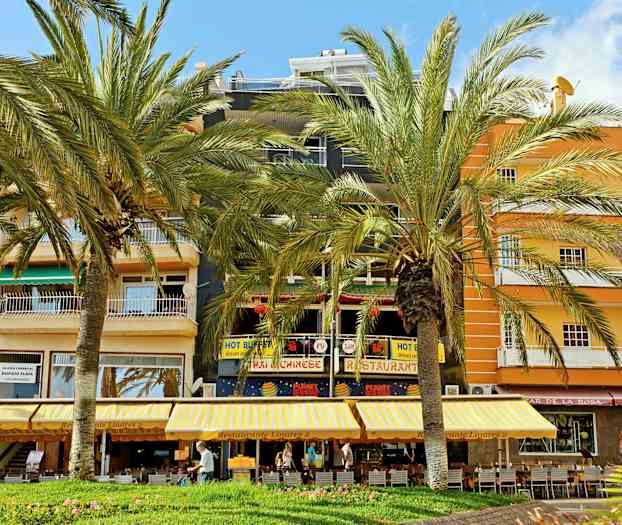 Rakennus, jossa on ravintoloita ja kauppoja, sekä palmuja edessä. (Tekoälyn luoma teksti)