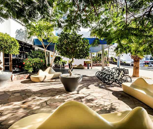 Ulkoalue, jossa moderneja istuimia, polkupyöriä ja puita sekä vihreää kasvillisuutta varjoisten puiden alla. (Tekoälyn luoma teksti)