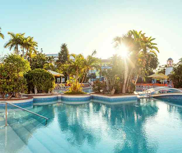 Ulkouima-allas, jonka ympärillä aurinkotuoleja, vihreitä kasveja ja palmuja kirkkaassa auringonvalossa. (Tekoälyn luoma teksti)