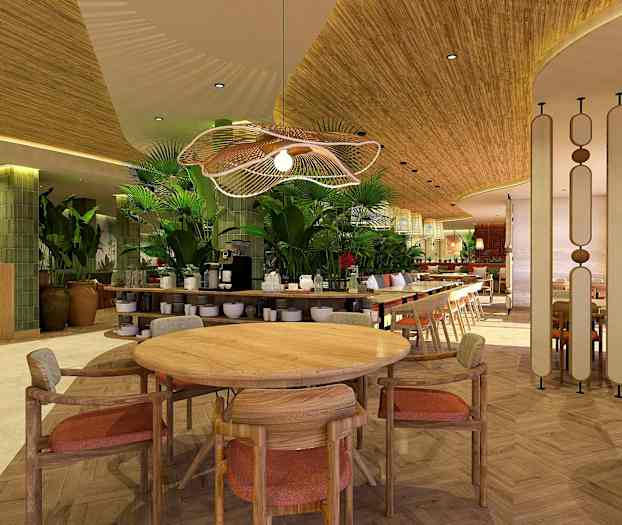 Sisäkuva modernista ravintolasta, jossa puisia yksityiskohtia ja vihreitä kasveja, mukaan lukien pyöreä pöytä tuoleineen. (Tekoälyn luoma teksti)