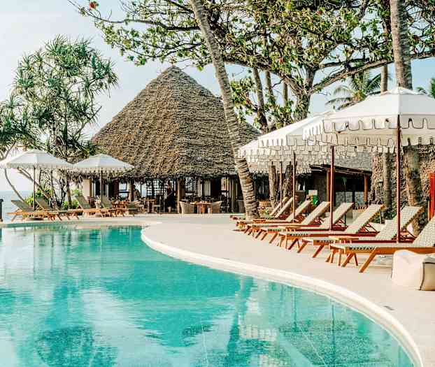 Uima-allasalue, jossa aurinkotuoleja ja varjoja. Taustalla näkyy talo, jossa on olkikatto, sekä palmuja. (Tekoälyn luoma teksti)