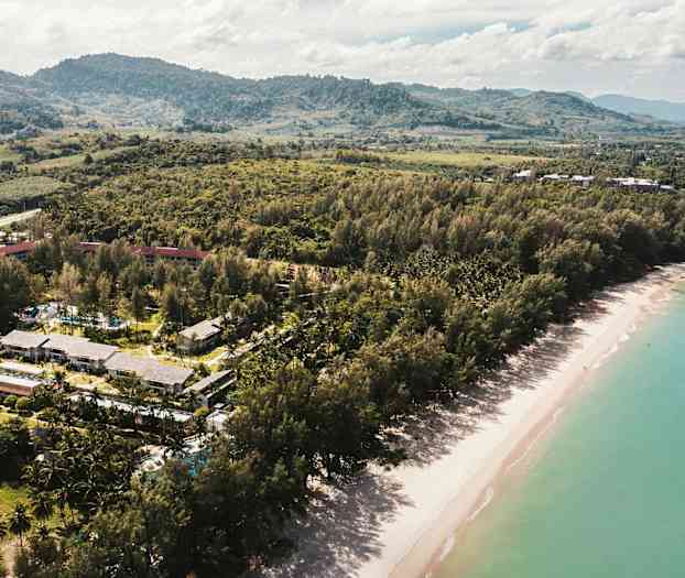 Ilmakuva rannasta, jossa on vehreitä puita ja rakennuksia taustalla. (Tekoälyn luoma teksti)