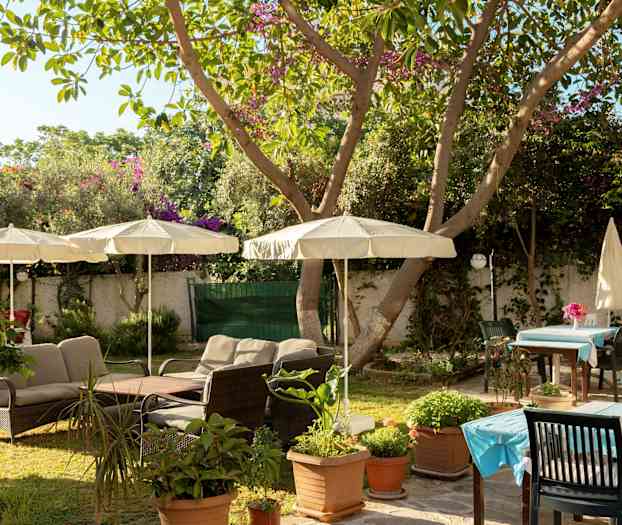 Puutarha, jossa ulkokalusteita ja aurinkovarjoja. (Tekoälyn luoma teksti)