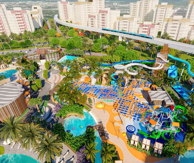 Kuva vesipuistosta, jossa on altaita, liukumäkiä ja palmuja. Suuria rakennuksia taustalla. (Tekoälyn luoma teksti)