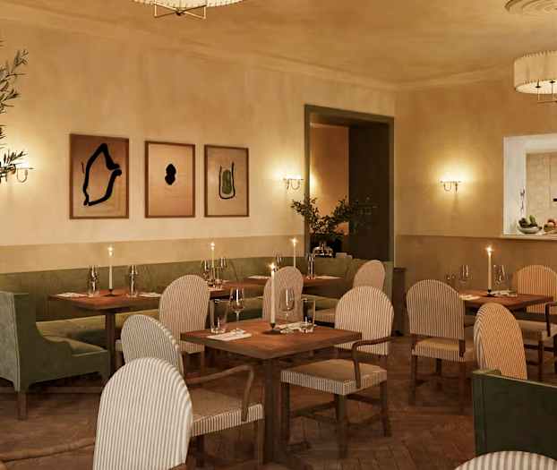 Tyylikäs ravintola, jossa on pöytiä, tuoleja ja taideteoksia seinillä. (Tekoälyn luoma teksti)