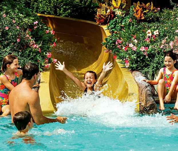 Henkilö laskee keltaisesta vesiliukumäestä ja päätyy altaaseen, jota ympäröi vehreä kasvillisuus ja kukat. Muut henkilöt seisovat ja istuvat vedessä katsellen. (Tekoälyn luoma teksti)