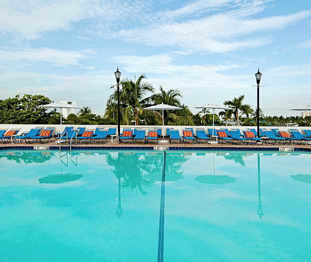 Suuri ulkouima-allas, jonka reunalla aurinkotuoleja ja aurinkovarjoja, ympärillä palmupuita. (Tekoälyn luoma teksti)