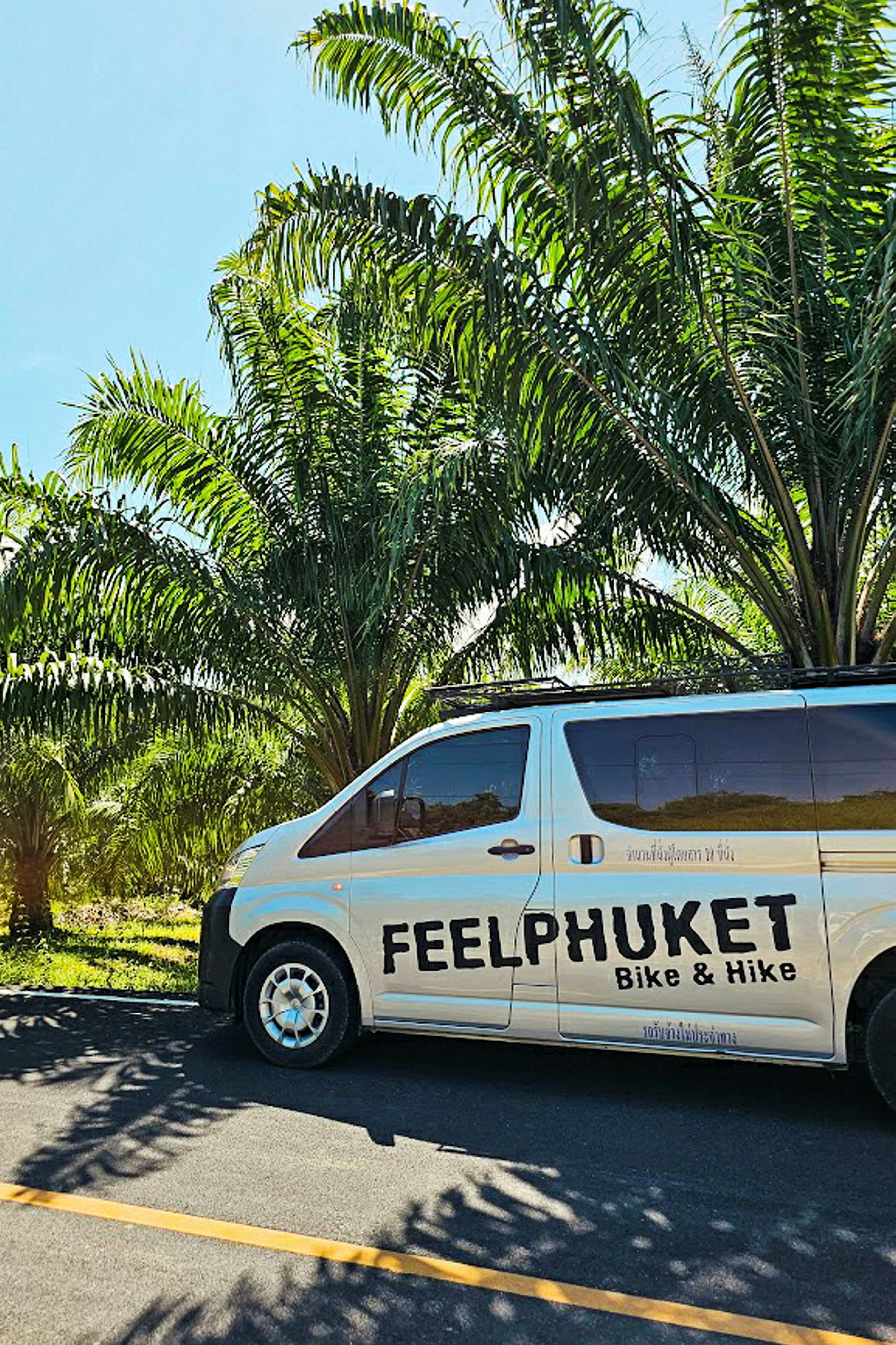 Minibussi, jossa lukee 'Feel Phuket Bike & Hike', pysäköitynä tien varrella läheisten palmujen vieressä. (Tekoälyn luoma teksti)