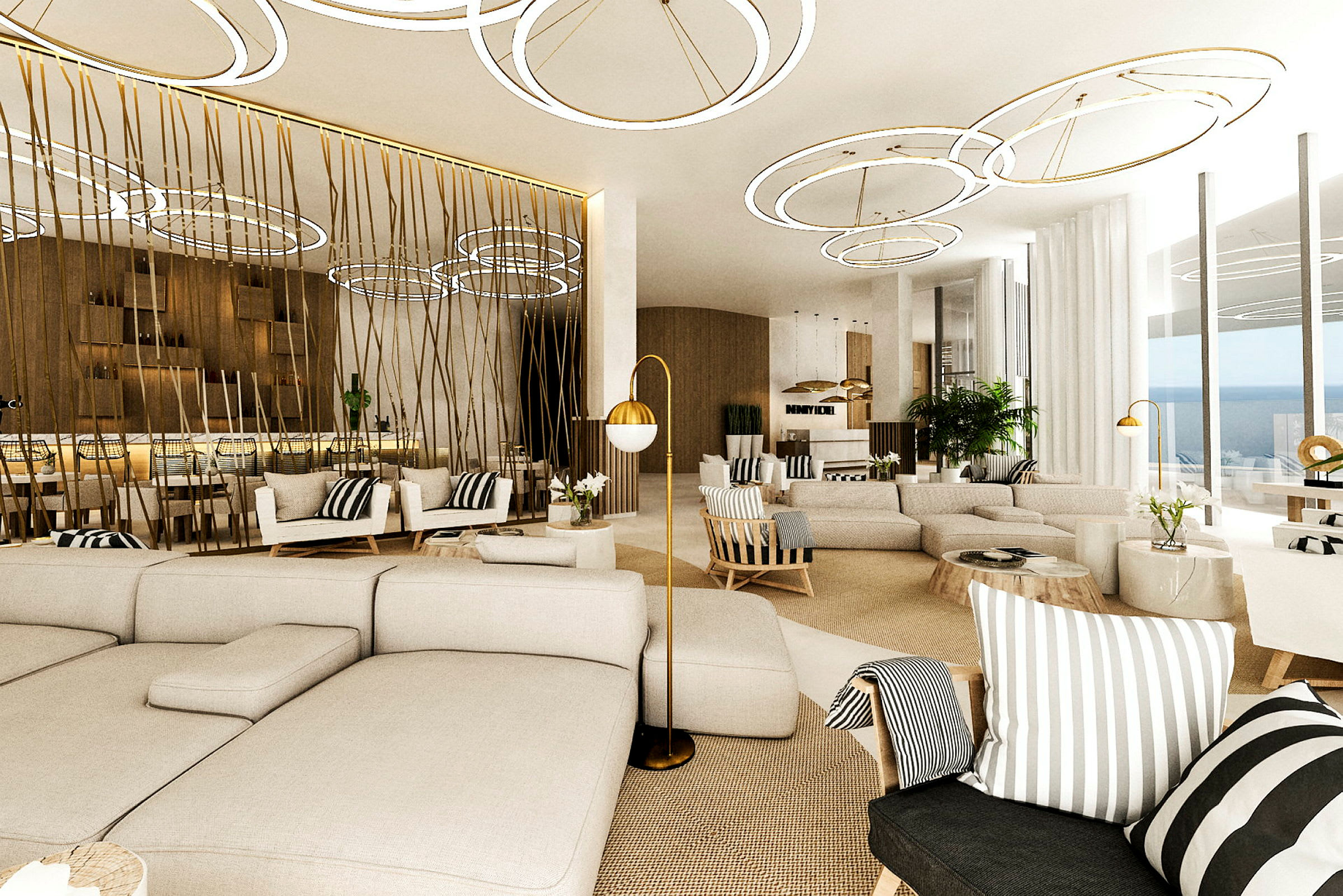 Moderni ja valoisa lounge, jossa istumapaikkoja, koristeellisia valaisimia ja baari taustalla. (Tekoälyn luoma teksti)