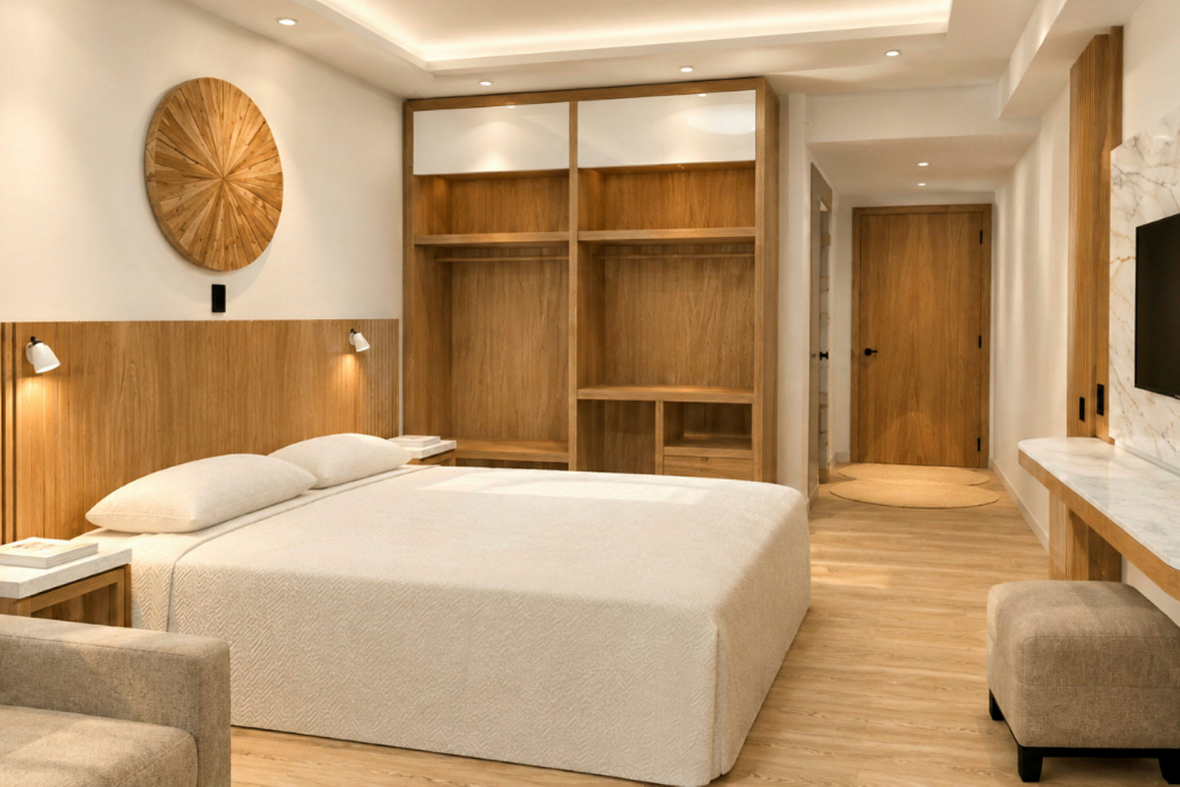 Moderni hotellihuone, jossa on suuri sänky, puuelementtejä ja mukavat kalusteet. (Tekoälyn luoma teksti)