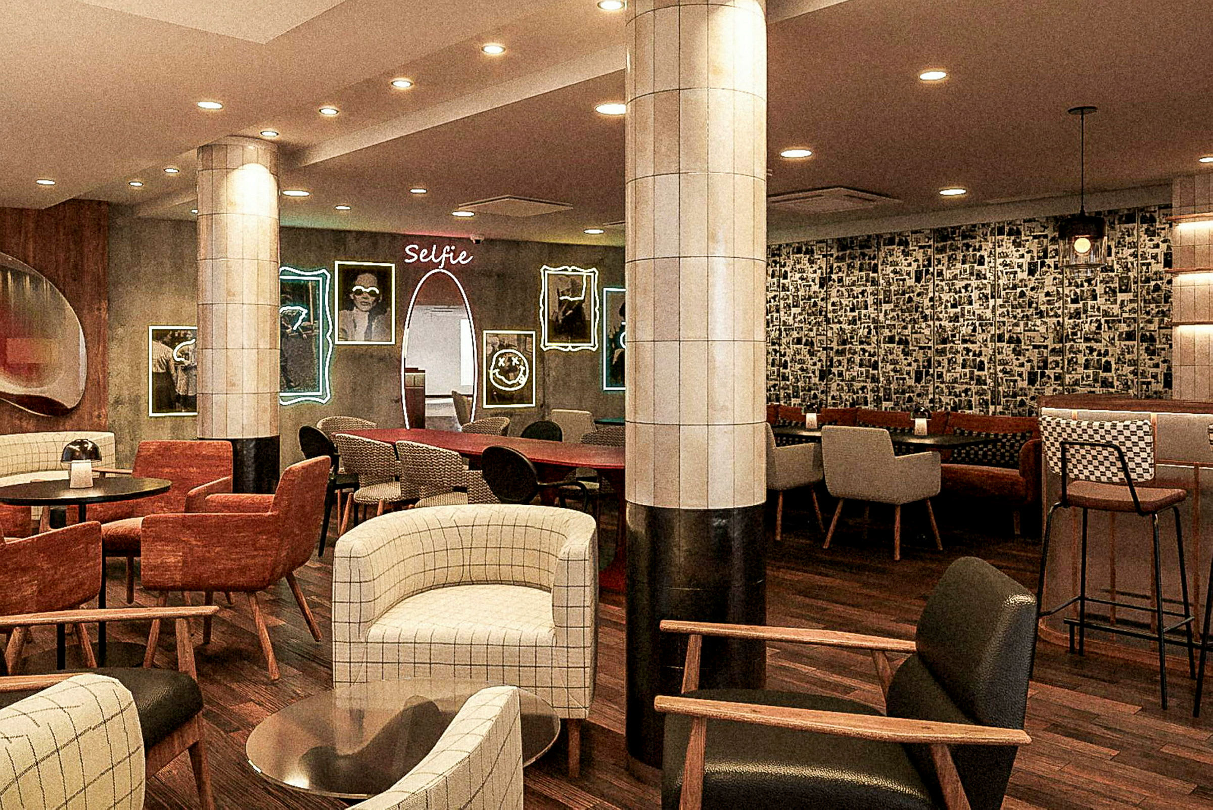 Nykyaikainen lounge, jossa on tuoleja, pöytiä ja koristeltuja seiniä. (Tekoälyn luoma teksti)