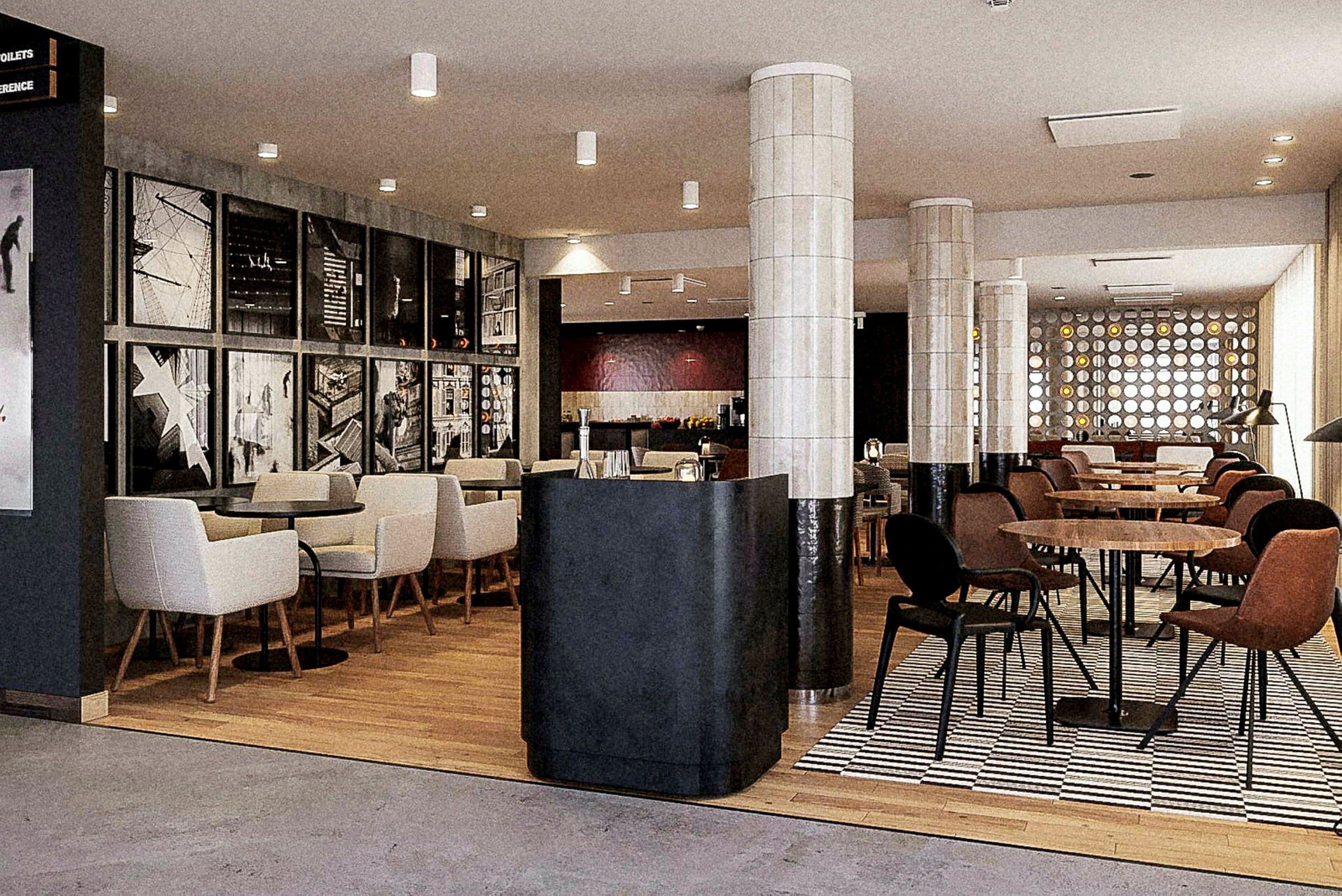 Ravintola, jossa on pöytiä ja tuoleja sekä valokuvilla koristeltu seinä. (Tekoälyn luoma teksti)