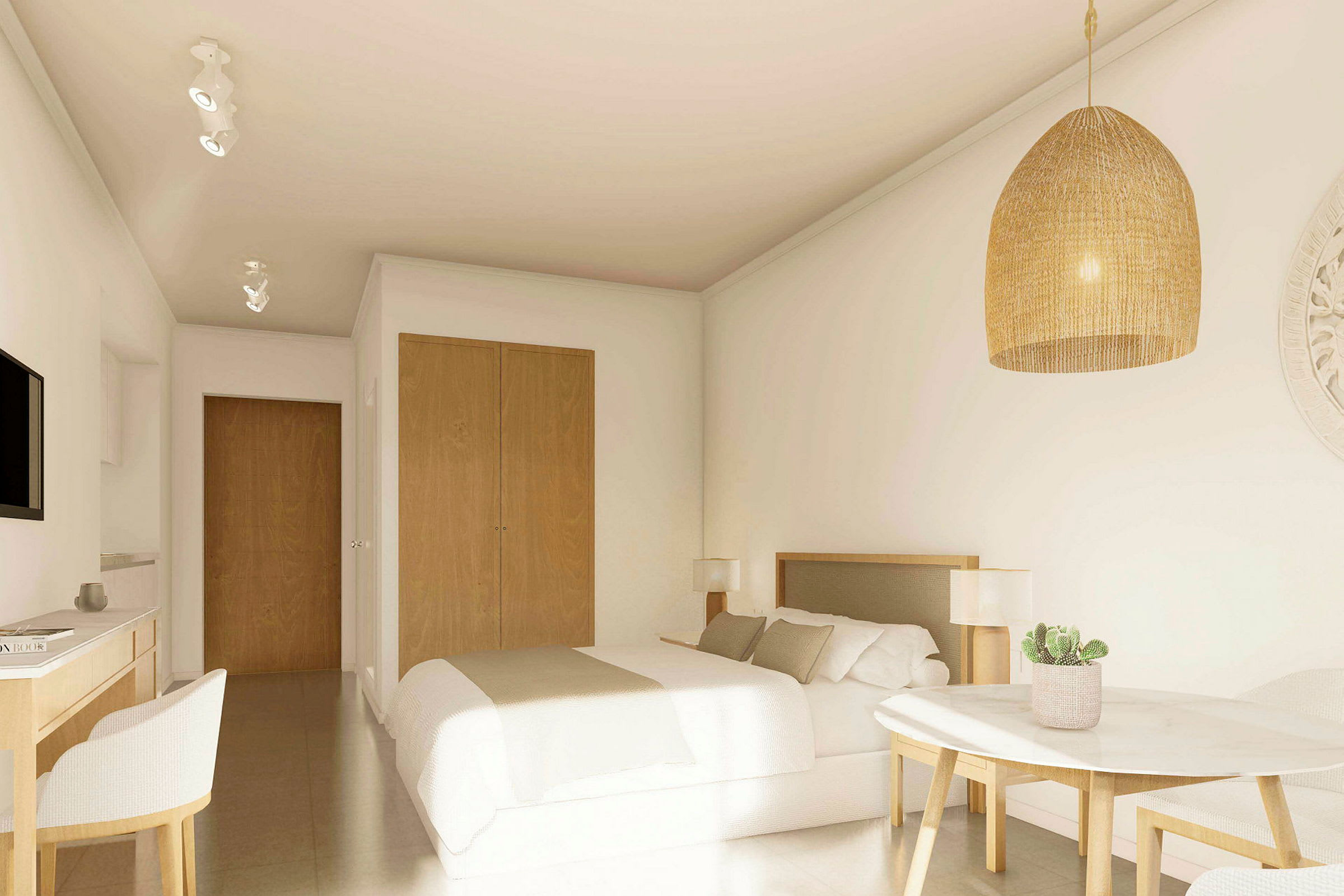 Valoisa hotellihuone, jossa on sänky, pöytä, tuoli ja vaatekaappi. (Tekoälyn luoma teksti)