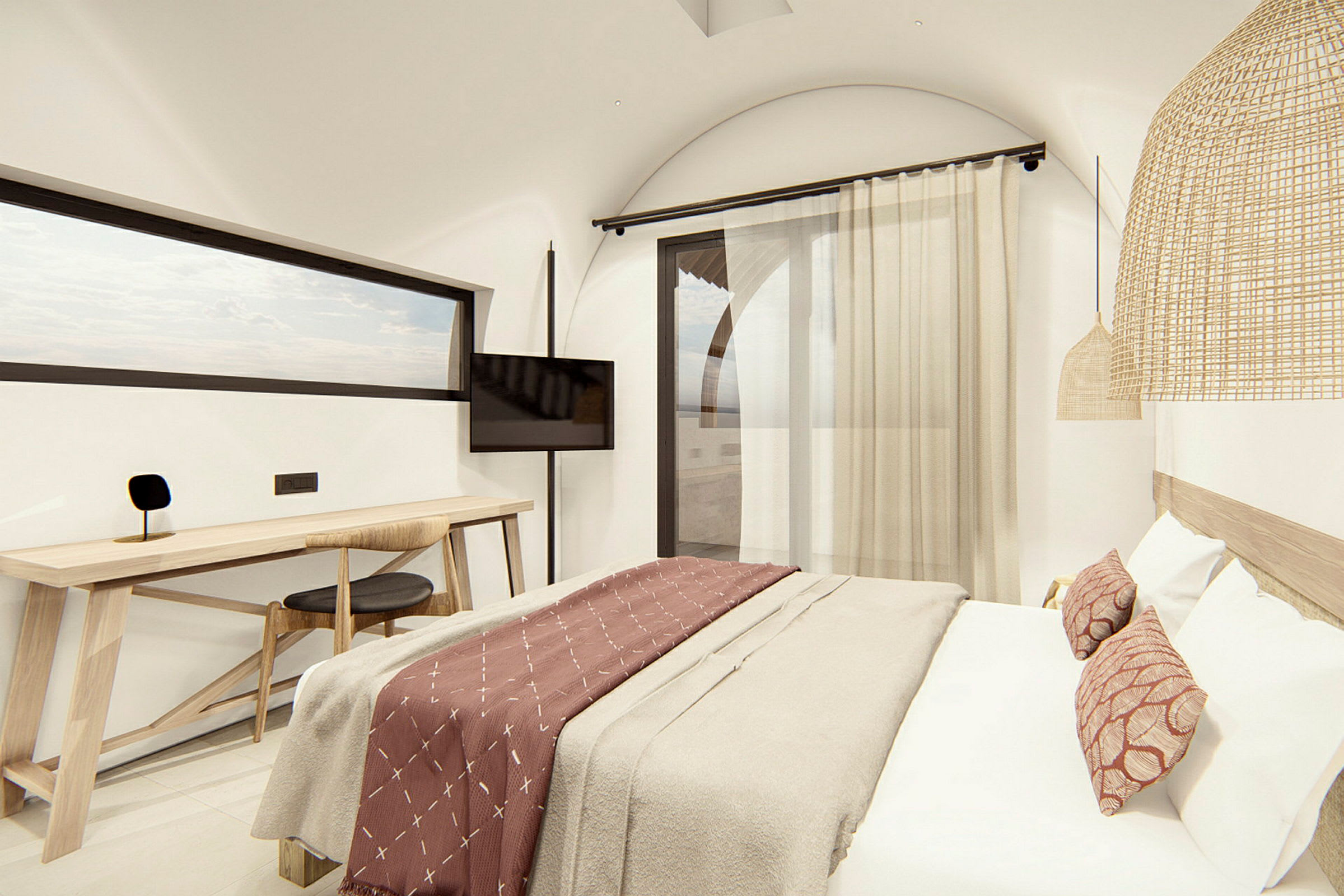 Moderni hotellihuone, jossa sänky, työpöytä ja ikkuna. (Tekoälyn luoma teksti)
