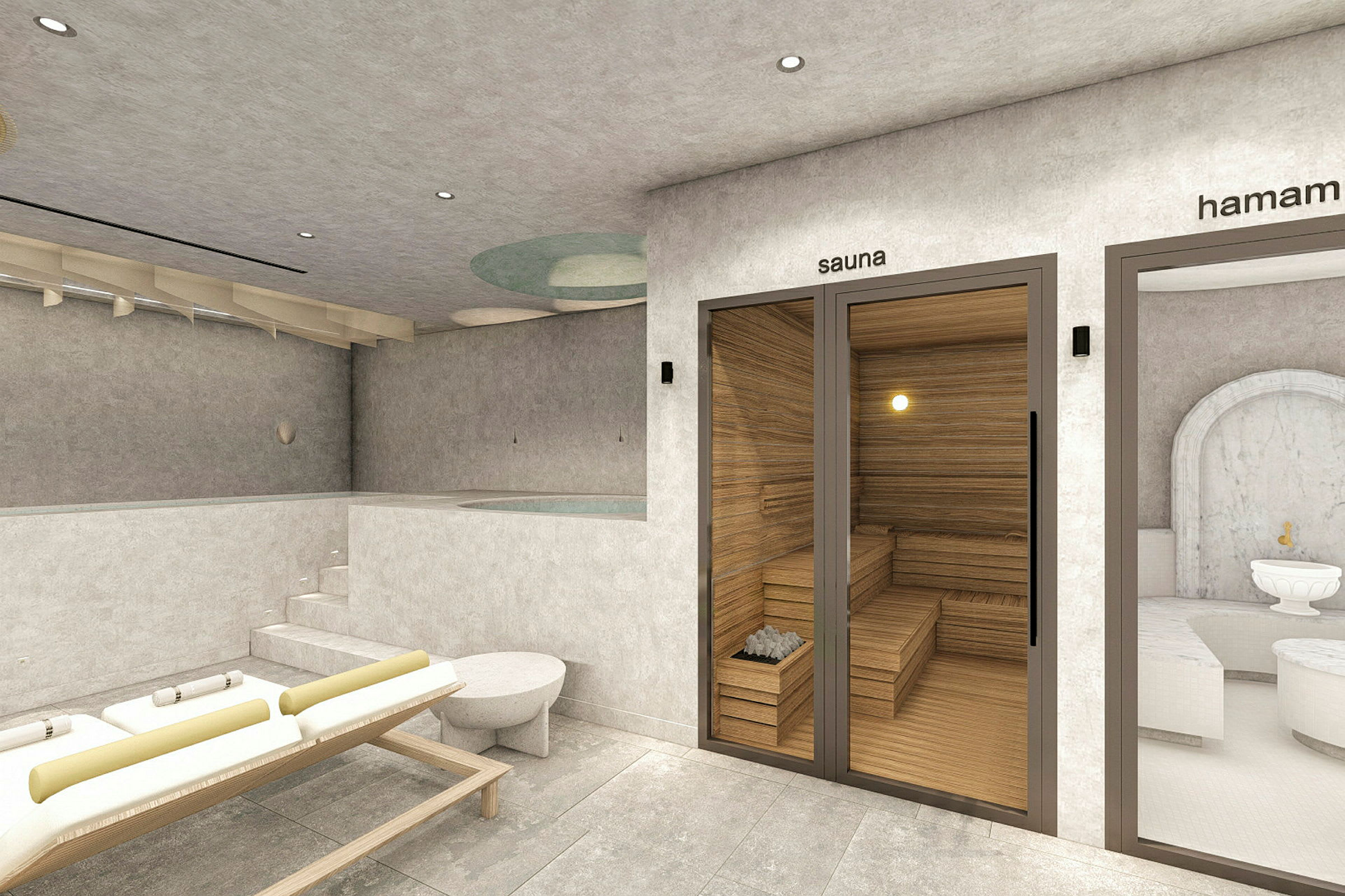 Kuva kylpyläalueesta, jossa on sauna, hamam ja lepotuoleja. (Tekoälyn luoma teksti)