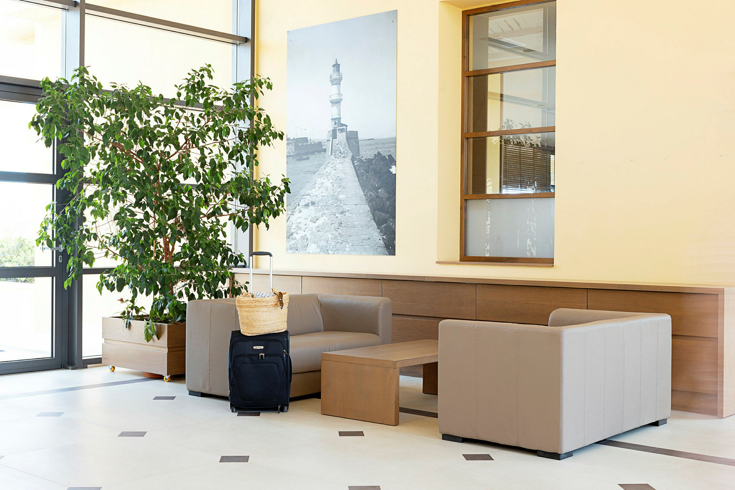 Vastaanoton lounge, jossa on beigejä nojatuoleja, pöytä, suuri vihreä kasvi sekä musta matkalaukku, jonka päällä on kori. (Tekoälyn luoma teksti)