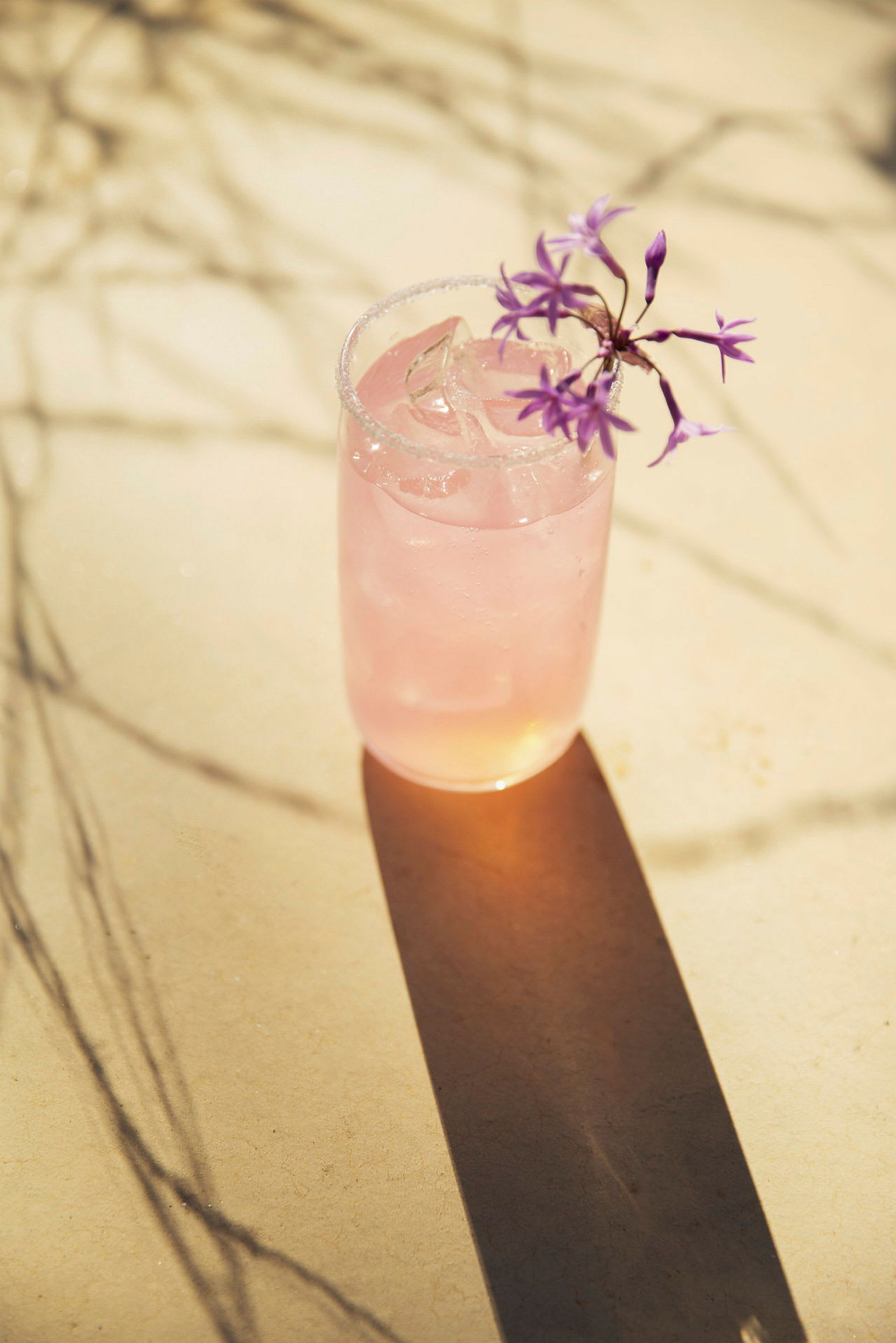 Lasi, jossa on vaaleanpunaista juomaa ja jäitä, koristeltuna violetilla kukilla. (Tekoälyn luoma teksti)