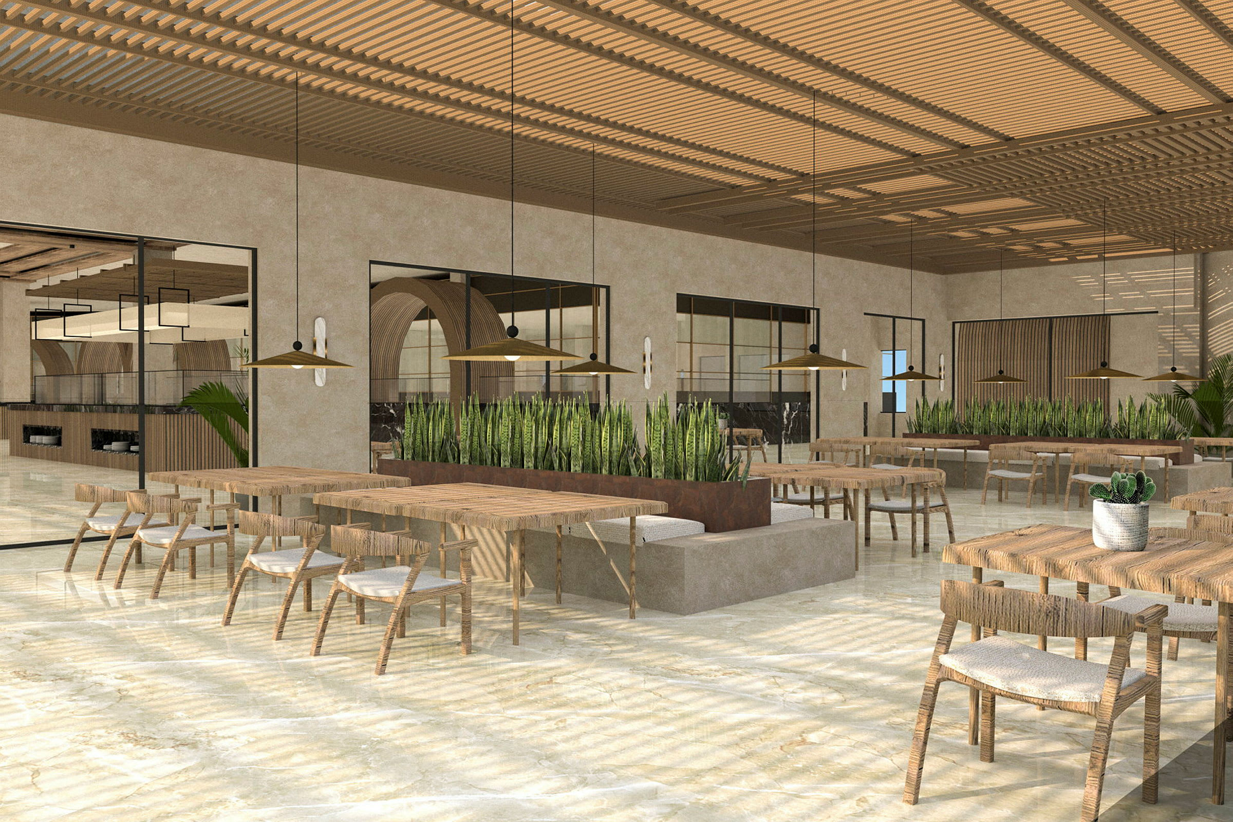 Tyylikäs ja valoisa ruokailualue, jossa on puupöytiä, tuoleja, vihreitä kasveja ja moderneja valaisimia. (Tekoälyn luoma teksti)